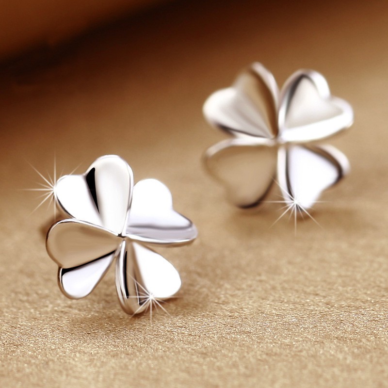 Bông tai nữ bạc 925 mạ bạch kim cao cấp cỏ bốn lá may mắn dành cho bạn gái - NT Silver