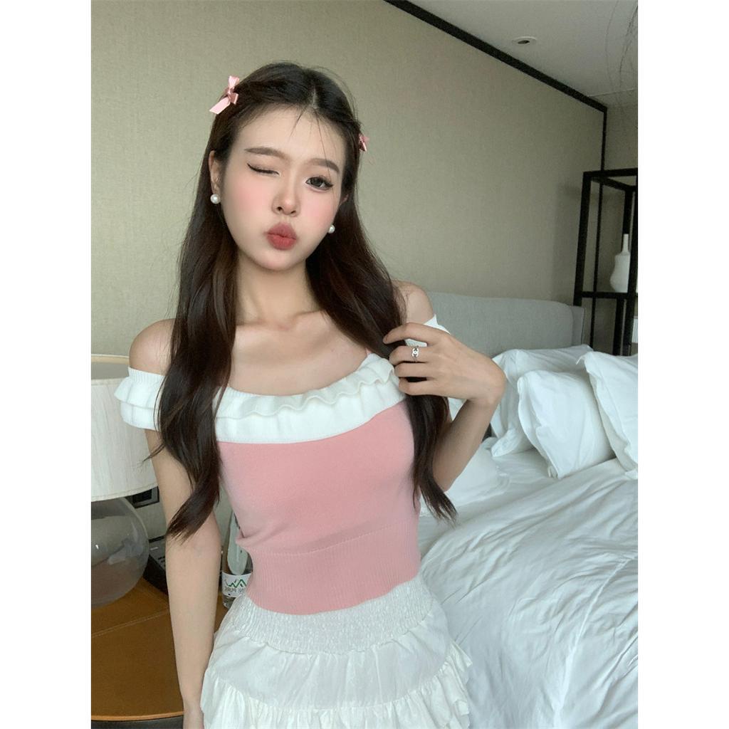 Thời trang Hàn Quốc Pleated Sling Vest Hot Girl Wind Single Shoulder Short Bra Top