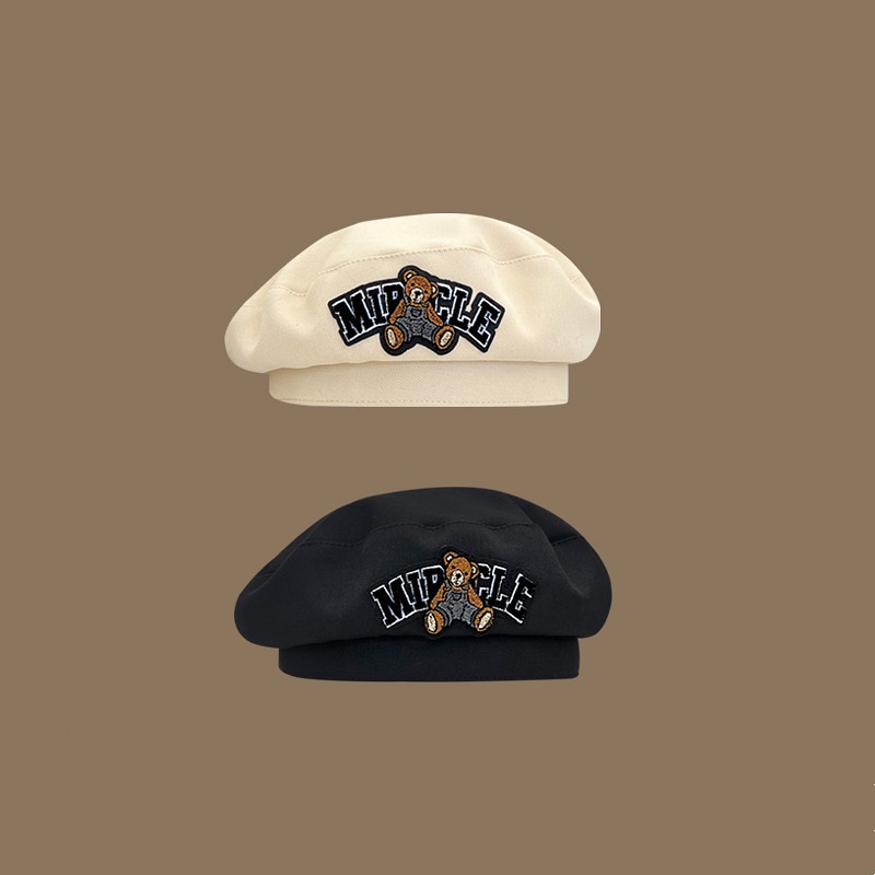 Mũ Beret Thêu Hình Gấu Dễ Thương Phong Cách vintage Nhật Bản