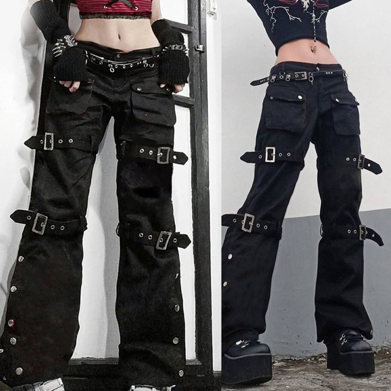 Quần jean denim màu đen ống suông rộng có thắt lưng khóa gài kim loại nhiều túi kiểu harajuku cá tính dành cho nữ