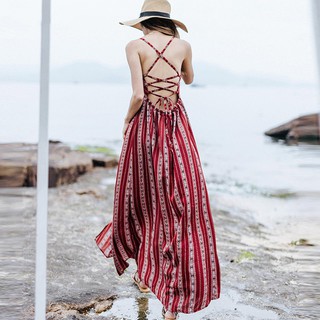 Đầm maxi nữ thiết kế lưng đan dây quyến rũ phối hoạ tiết kẻ sọc