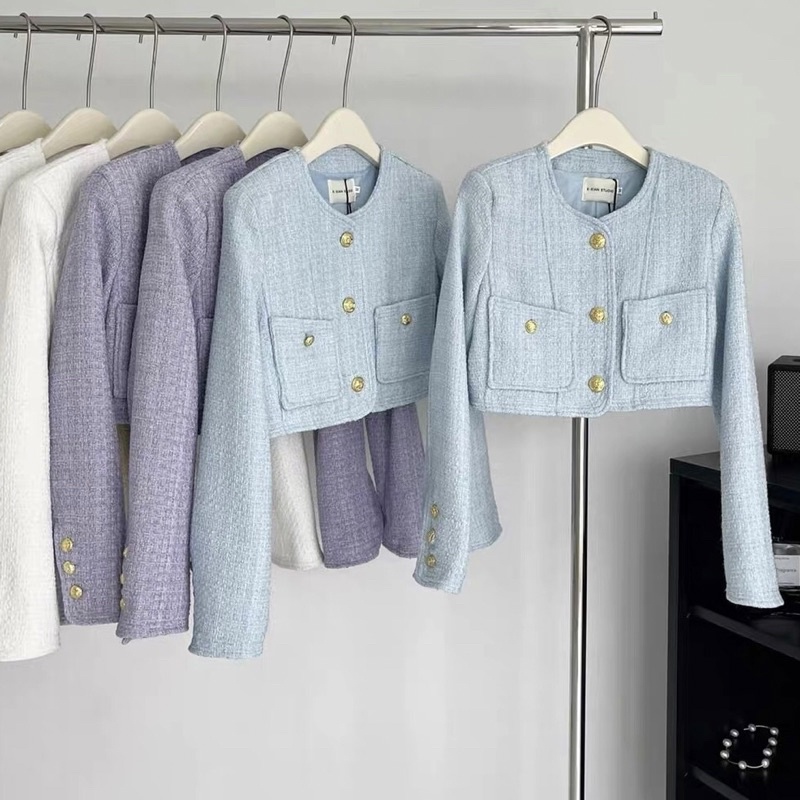Áo khoác dạ tweed cho nữ cổ tròn dáng ngắn croptop dài tay khuy mạ vàng