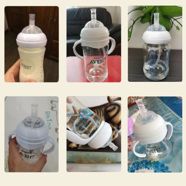 Bộ phụ kiện đầy đủ Avent Nature gồm: tay cầm, núm thẳng, núm mỏ vịt, nắp chống bụi và vòng cổ