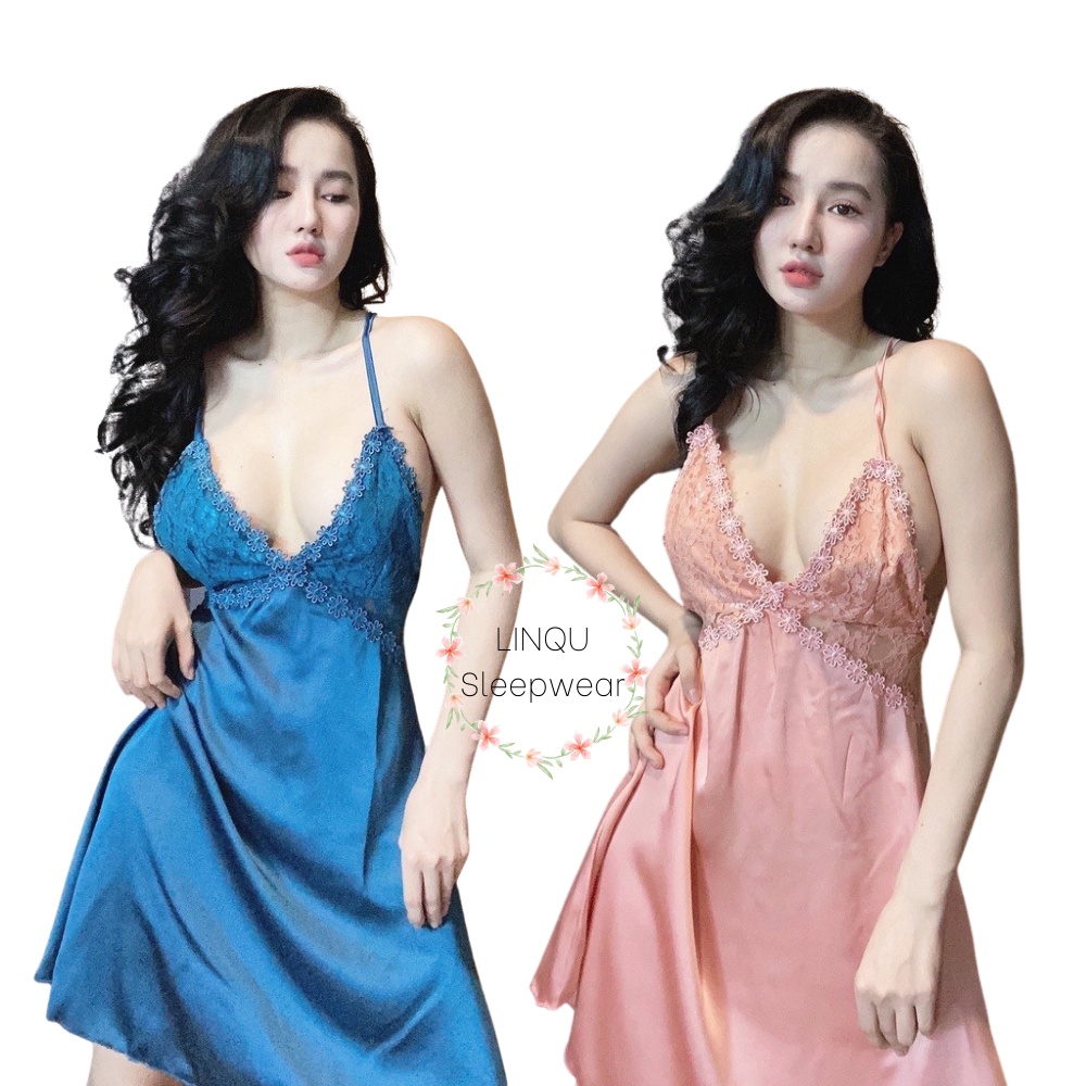 Váy ngủ sexy ren Linqu Sleepwear váy ngủ 2 dây gợi cảm chất satin mềm mại Freesize 40-58kg