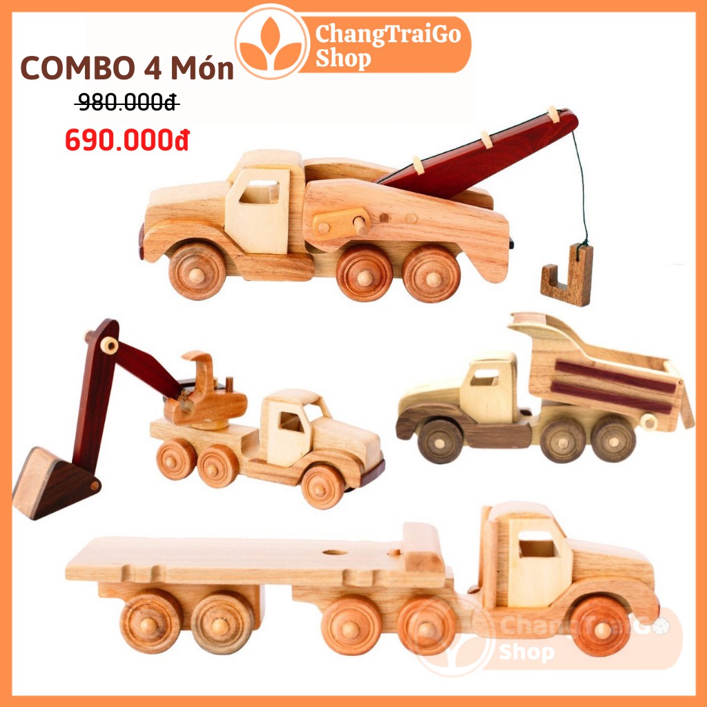 Bộ combo 4 xe công Trình, đồ chơi Chàng Trai Gỗ, đồ chơi gỗ cao cấp cho bé từ 1-5 tuổi.