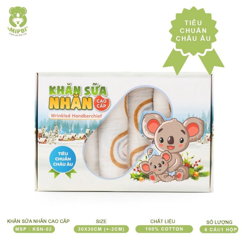[Mipbi] Khăn sữa nhăn cao cấp Mipbi hộp 6 cái KT 30x30cm. Khăn sữa cho bé 100% sợi bông