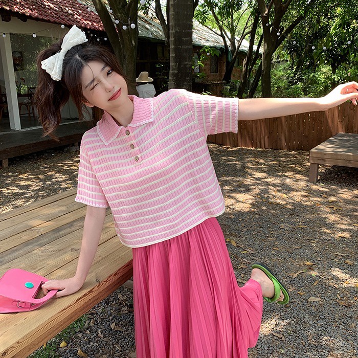 Áo thun polo dệt kim ZHELIHANGFEI tay ngắn dáng rộng họa tiết kẻ sọc thời trang cá tính cho nữ