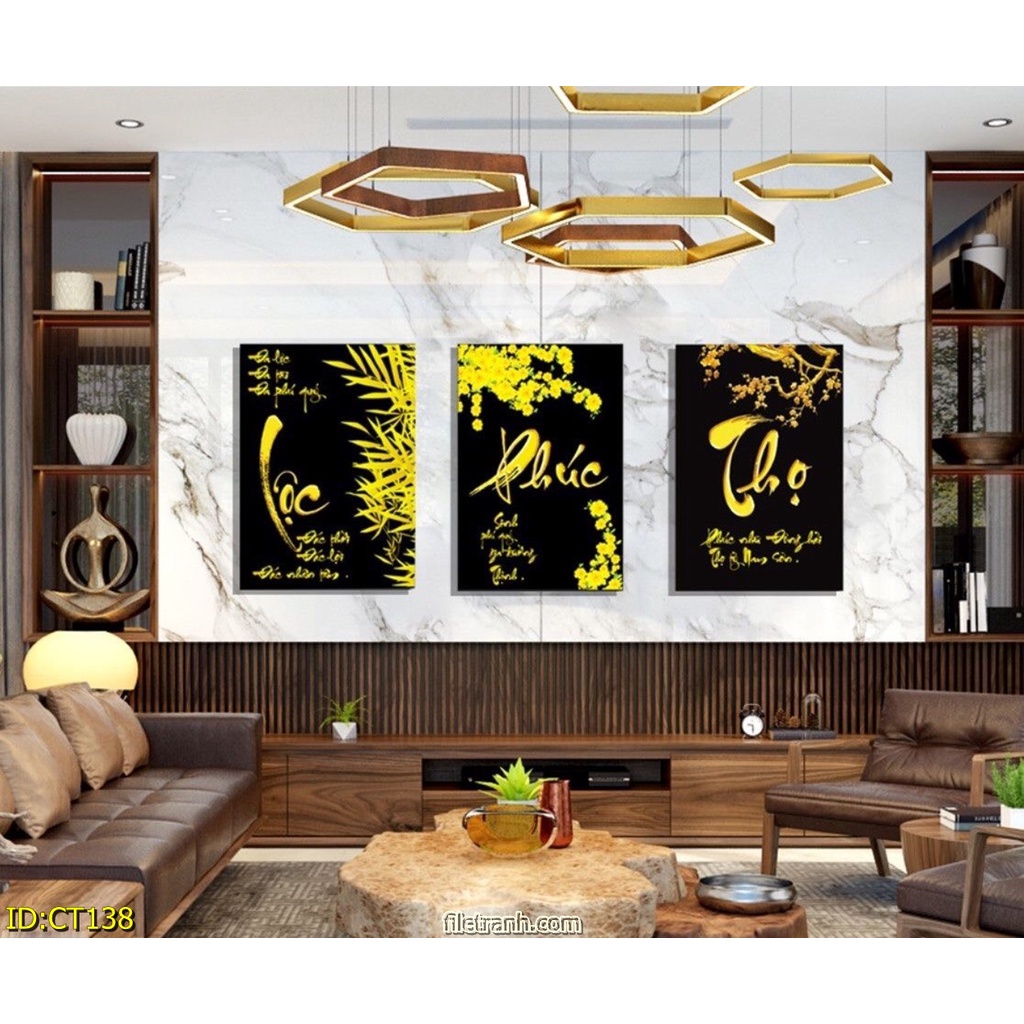 Bộ 3Tranh TRÁNG GƯƠNG PHÚC -  LỘC - THỌ 5D cao cấp treo phòng khách, phòng thờ, cầu thang