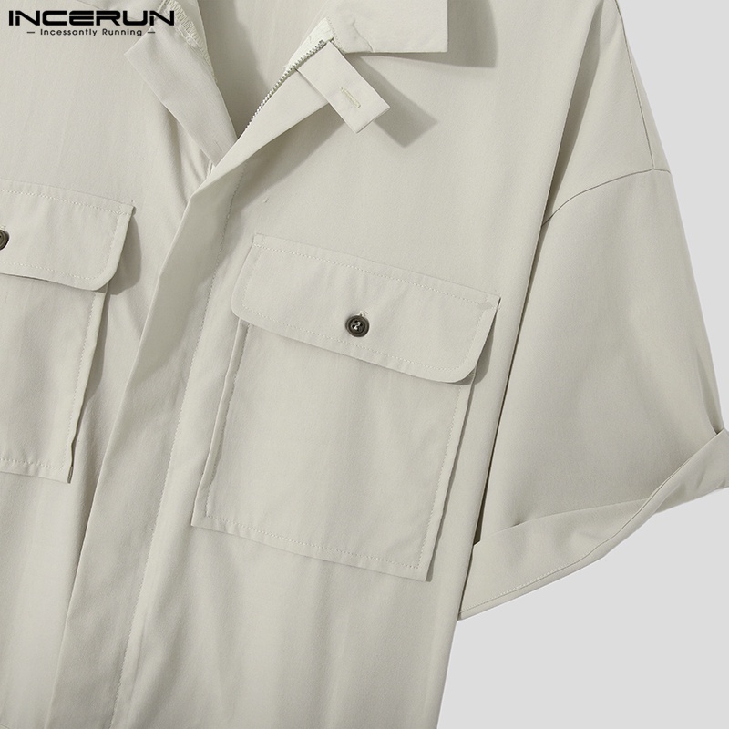 Áo liền quần INCERUN ngắn tay dáng rộng màu trơn thiết kế đơn giản cho nam