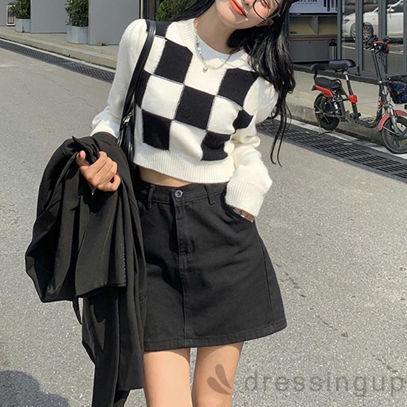 Áo Sweater Tay Dài Cổ Tròn Họa Tiết Khối Màu Sắc Cho Nữ