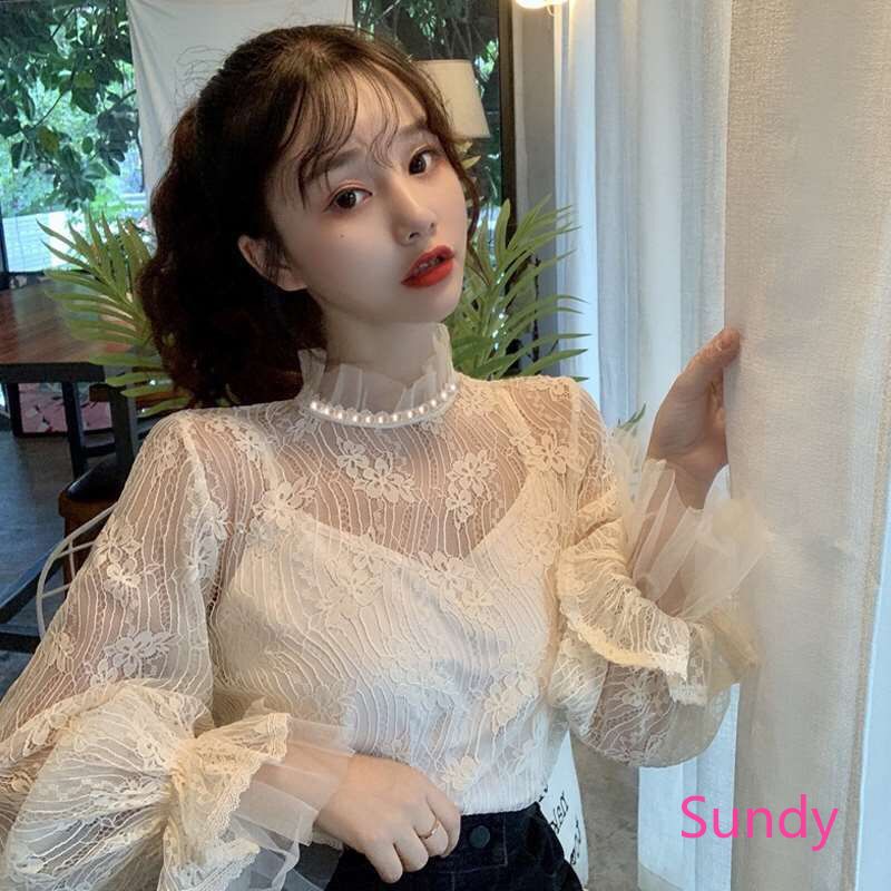 Áo Sơ Mi Tay Dài Dáng Rộng Phối Ren Thời Trang Retro Hàn Quốc Cho Nữ