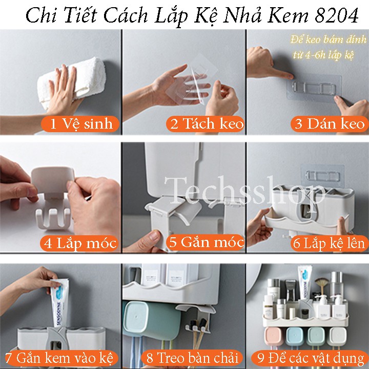 Kệ Treo Bàn Chải Đánh Răng Nhả Kem Tự Động Đán Tường Kèm 4 Ly 8204 - Kệ Nhà Tắm Để Đồ