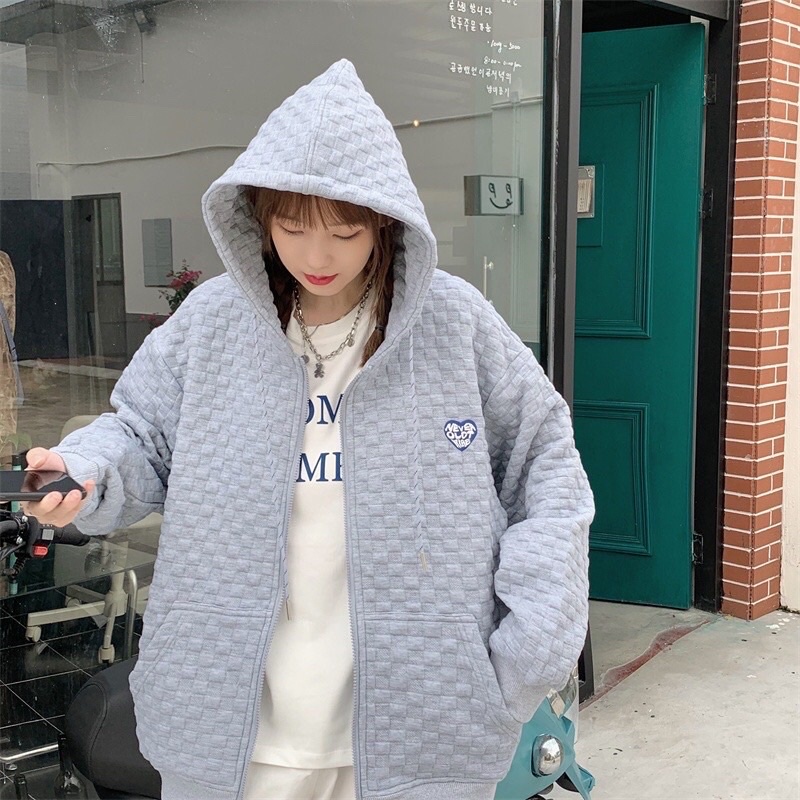 [100% Ảnh thật] Áo khoác hoodie khoá kéo thêu hình tim, ô đan vuông phong cách popcorn Hàn Quốc