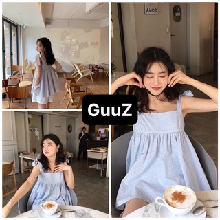 Set quần áo nữ mùa hè form rộng áo babydoll kẻ caro cổ vuông thắt nơ vai kèm quần kaki trắng GuuZ