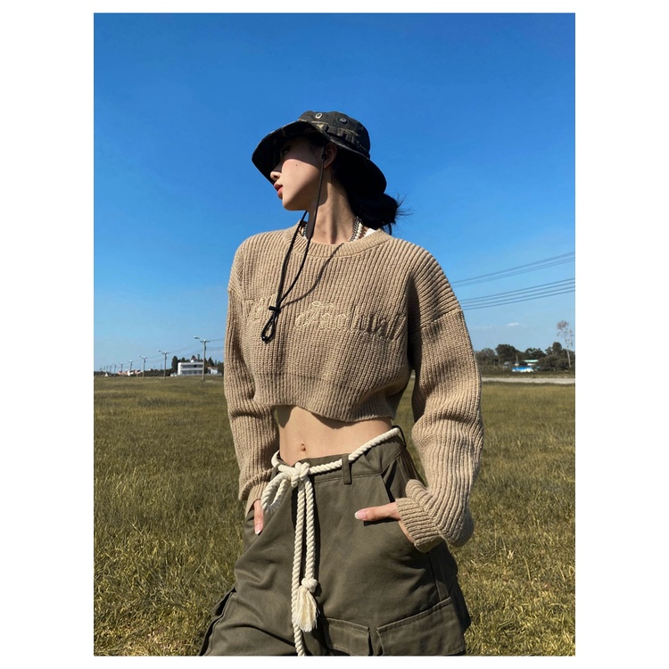 Áo sweater dệt kim tay dài cổ tròn hở rốn màu trơn thời trang Hàn Quốc gợi cảm cho nữ