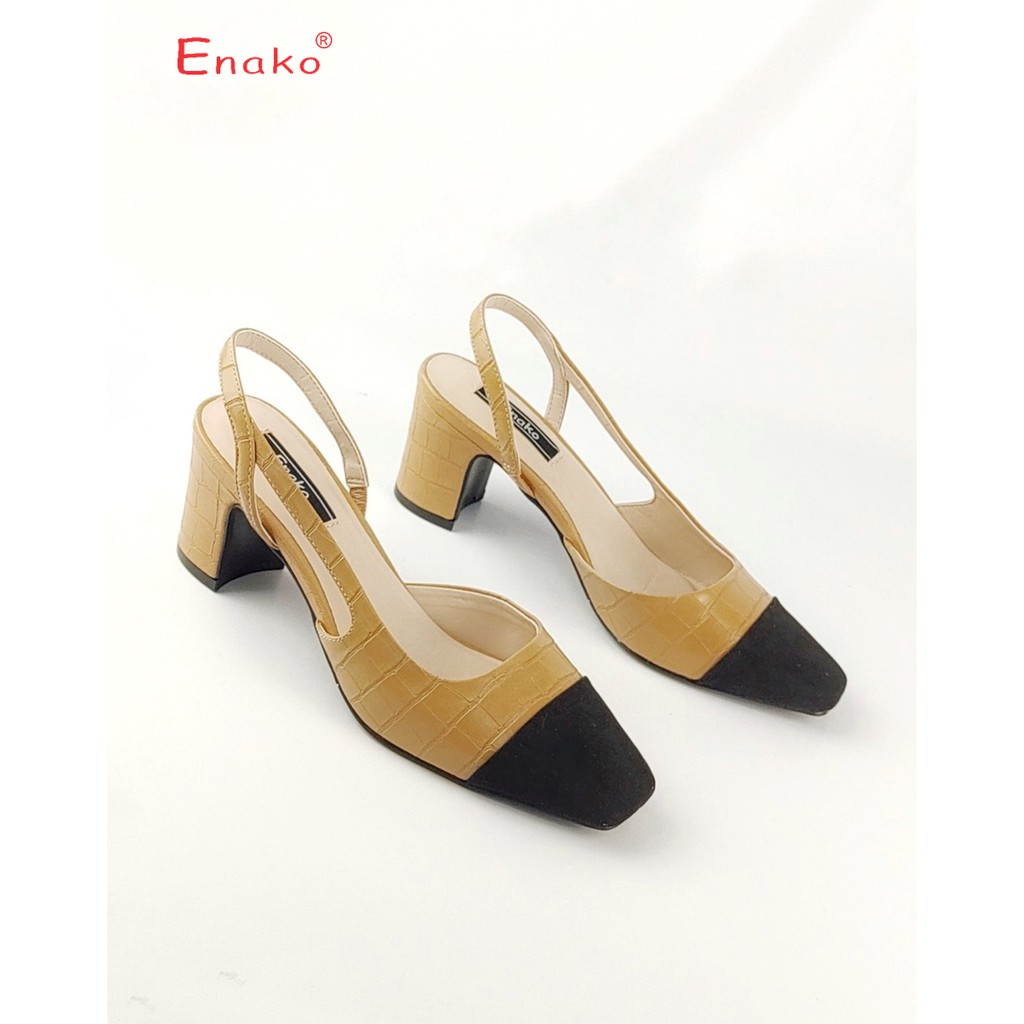 Giày sandal nữ đẹp mũi vuông phối nỉ gót 5cm dáng slingback Enako TP13452