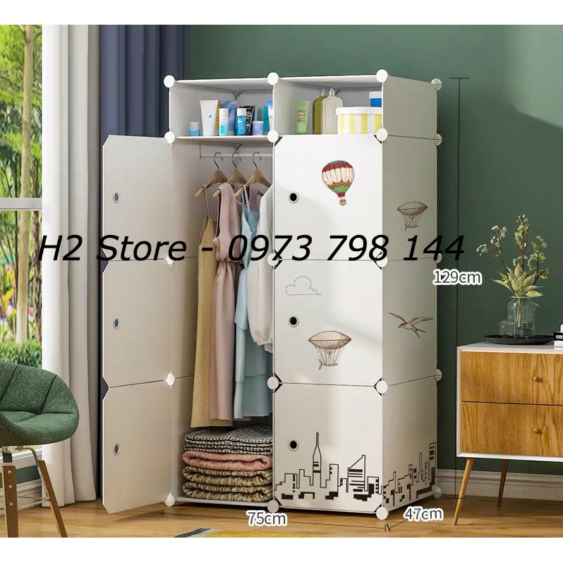TỦ GHÉP 6 Ô + 2 Ô NHỎ CỬA TRẮNG KHÍ CẦU ĐỂ QUẦN ÁO ĐA NĂNG THÔNG MINH sâu 47cm
