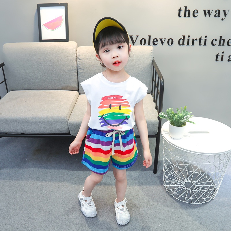 [P.C store] spot 2021 girls' new Korean summer children's T-shirt shorts two piece rainbow Suit Girls' sleeveless children's suit 0-4 years old fashion