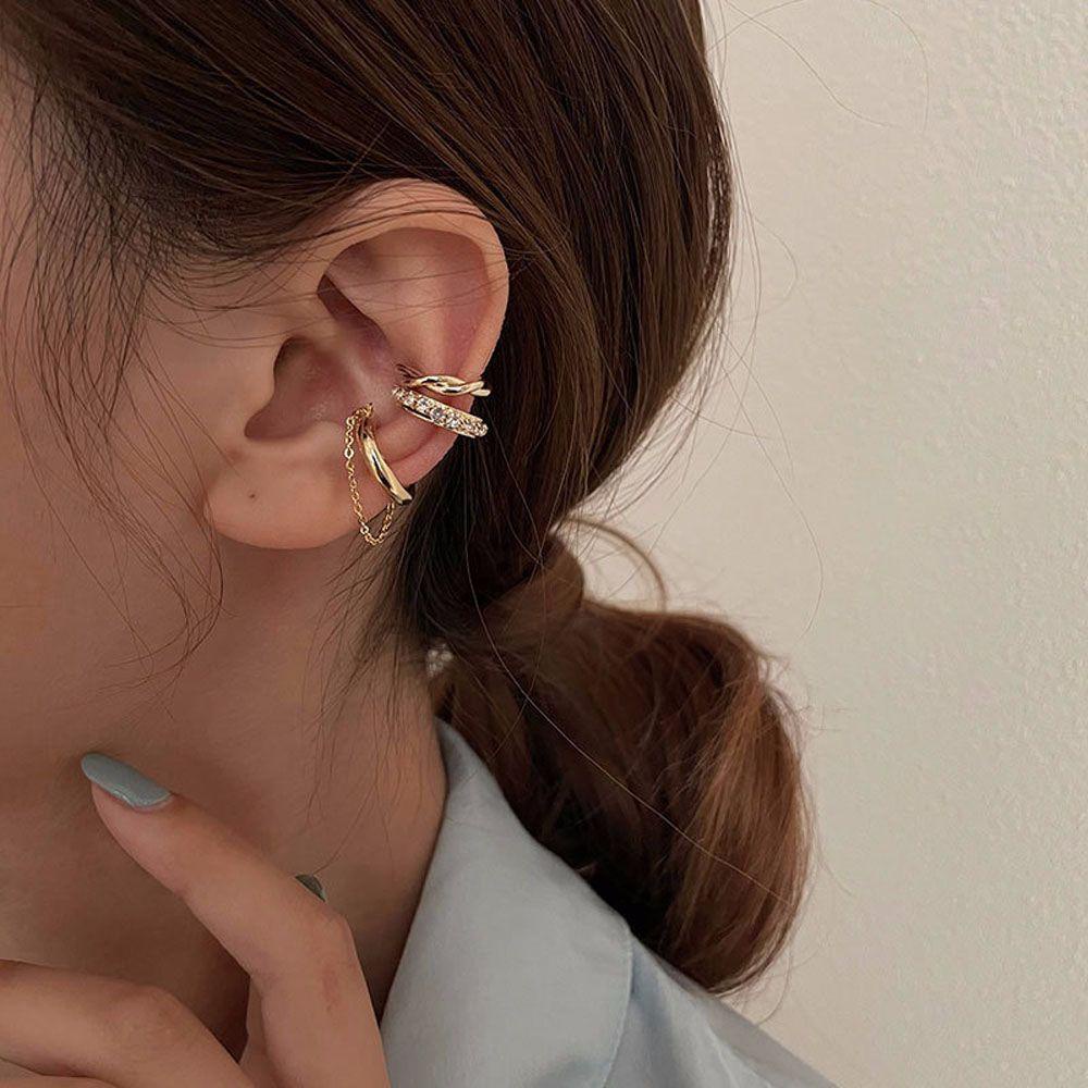 Set 3 Khuyên Tai Dạng Kẹp Không Cần Đục Lỗ|Bông Tai Dạng Vòng Đính Kim Cương Giả Thời Trang