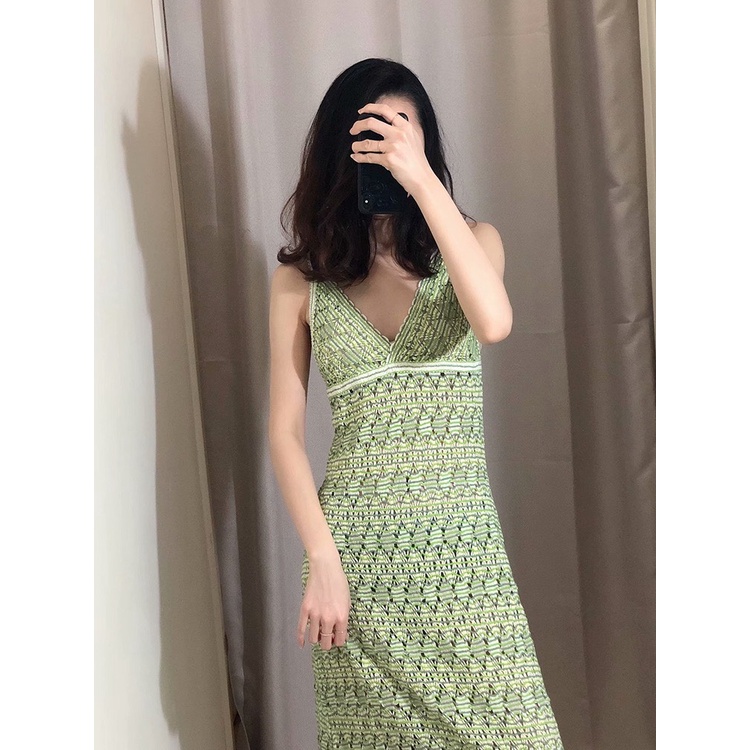 Đầm, váy maxi hai dây xanh đan len tua rua thời trang nữ mới nhất