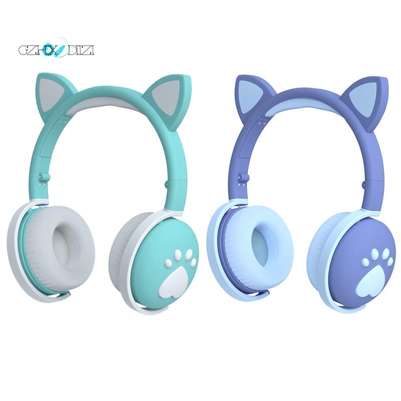 Set 2 Tai Nghe Bluetooth 5.0 Hình Tai Mèo Dễ Thương Có Mic Và Đèn Led Màu Xanh Lá / Xanh Dương