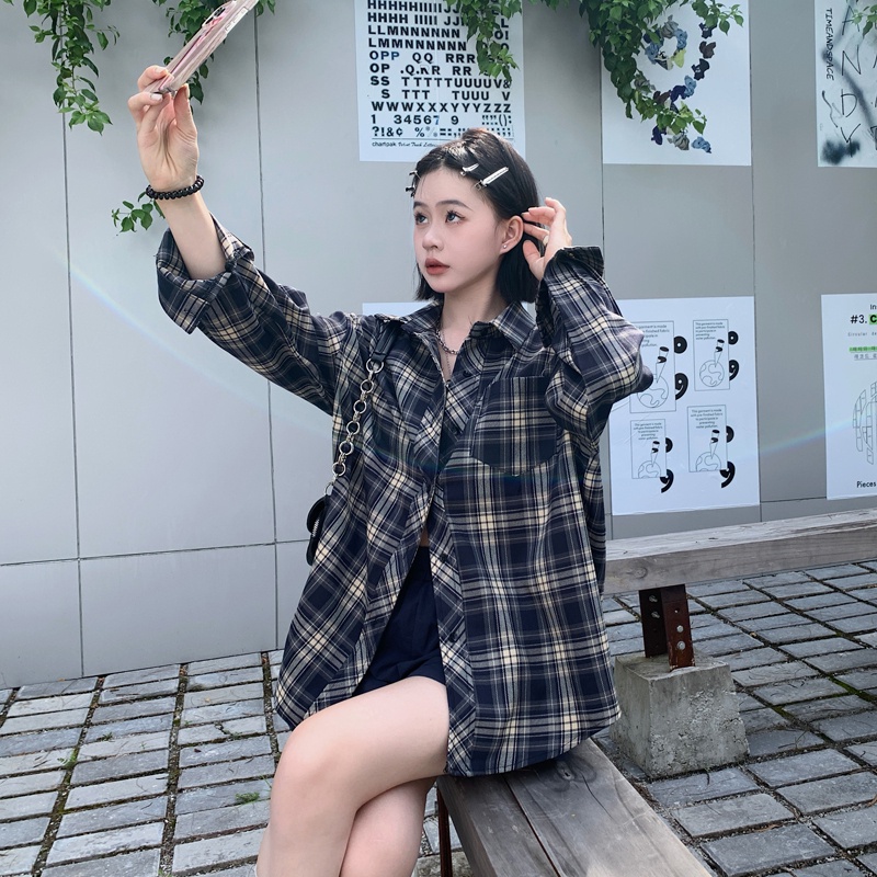 SUXI Áo Sơ Mi Caro Tay Dài Dáng Rộng Trẻ Trung Phong Cách Vintage Hàn Quốc