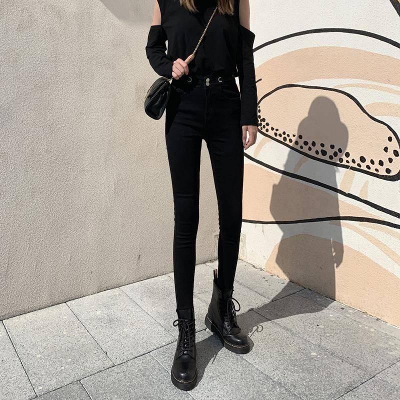 Quần skinny jean màu đen lưng cao co giãn thời trang xuân hè cho nữ