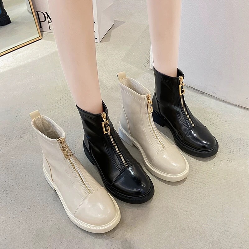 Bốt da nữ cổ ngắn khoá trước đế cao 4cm có lót lông
