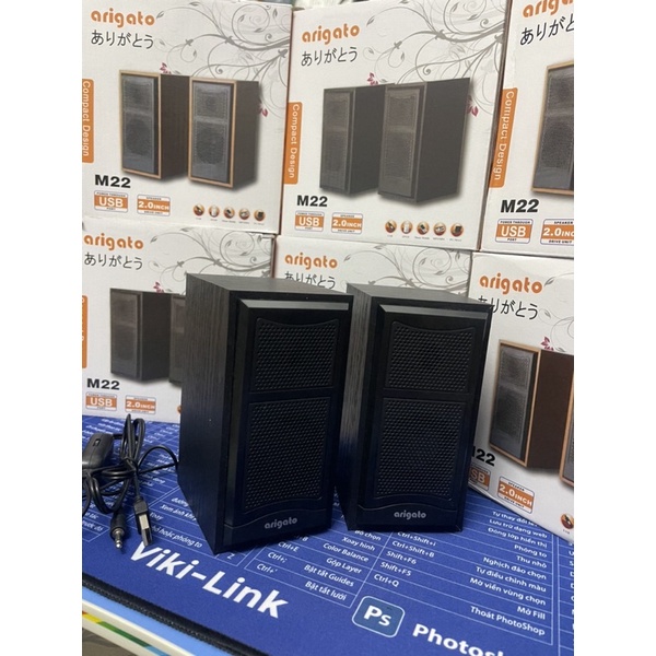 Loa máy tính vi tính laptop mini để bàn vỏ gỗ Arigato M22 loa Loyfun bass giá rẻ âm thanh hay, hình thức đẹp, chuẩn 3.5.