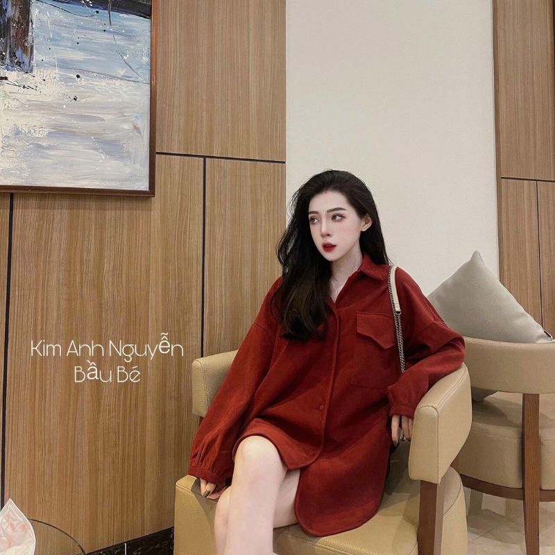 Sơ mi túi hộp màu đỏ đẹp, tay bồng, vạt bầu.Áo kiểu nữ đẹp