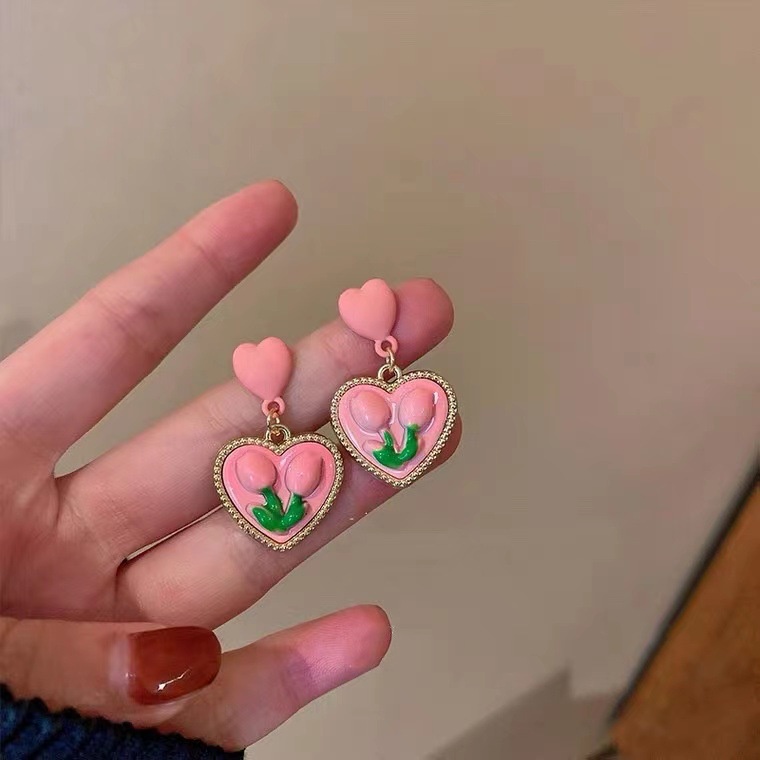 Khuyên Tai Mặt Hình Hoa Tulip Hồng Phong Cách Retro