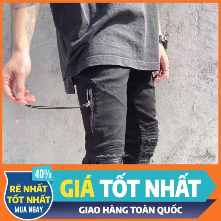 HOTHOT SIÊU ĐẸP HÀNG QUẢNG CHAU ODER quần jean nam rách gối phối da dây khoá kéo biker HÀNG HOT