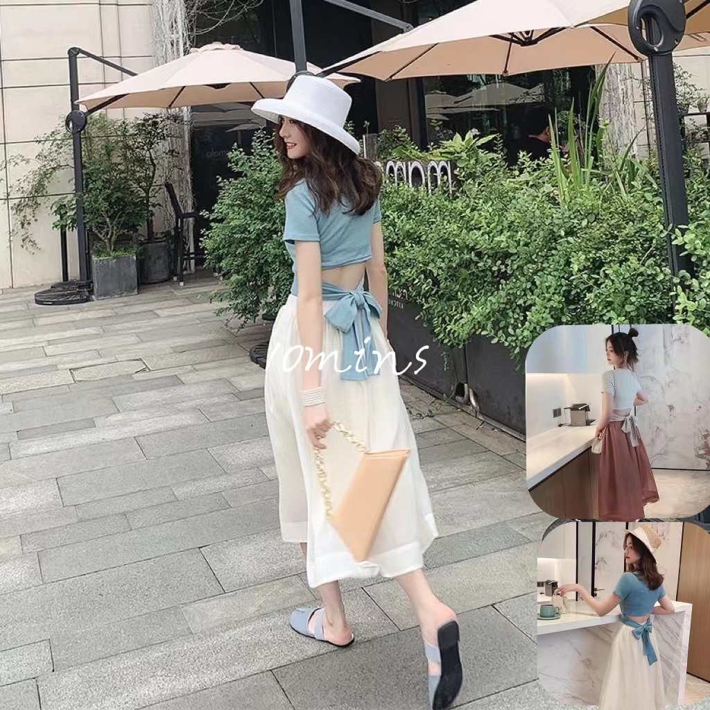 Set Áo Thun Tay Ngắn Dáng Ôm + Chân Váy Chiffon Thanh Lịch Hợp Thời Trang Hè