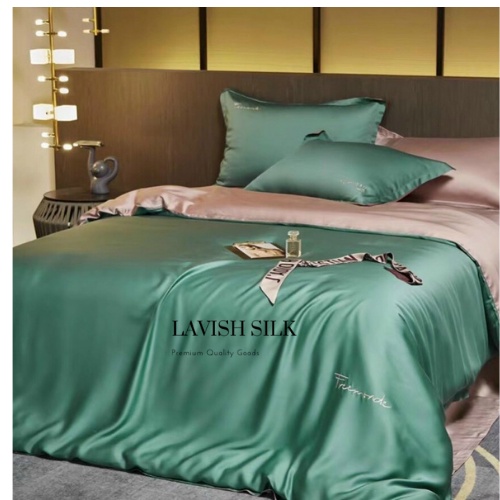 Mix Color Trọn Bộ Chăn Ga Gối Phi Lụa Xanh Matcha Phối Hồng Phấn Lavish Silk Cao Cấp - CG014
