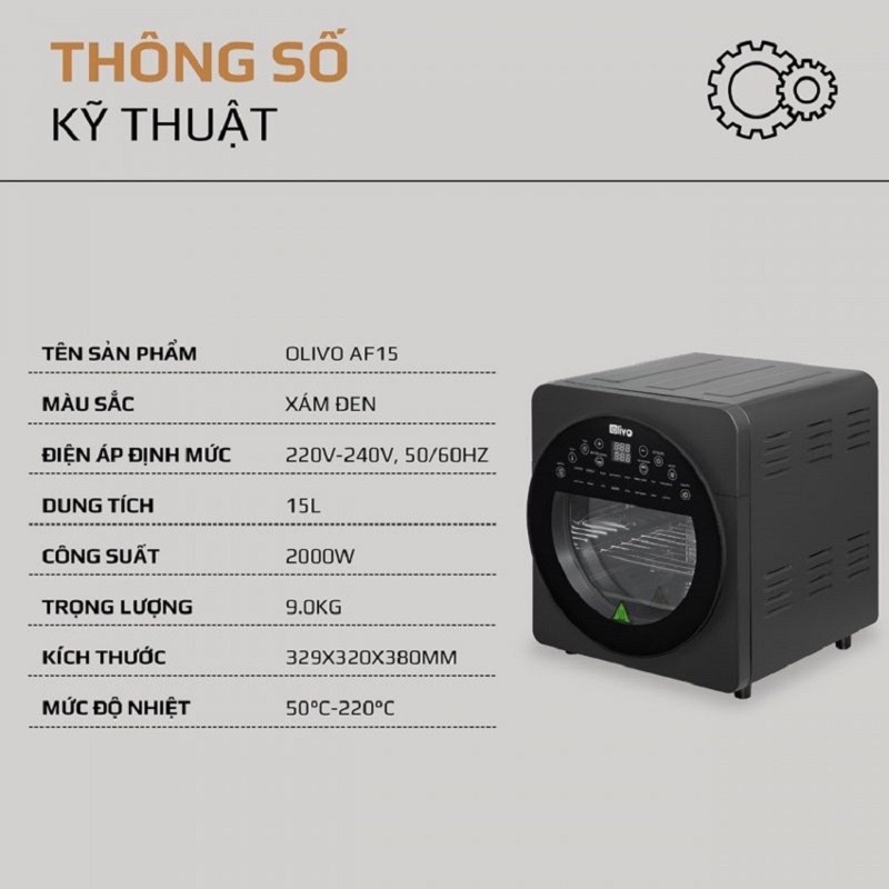 Nồi Chiên Không Dầu OLIVO AF15 - 16 Chức Năng - Dung Tích 15L - Công Suất 2000W - Bảo Hành 12 Tháng