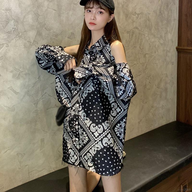 Áo trễ vai in hoạ tiết dài tay cho phụ nữ