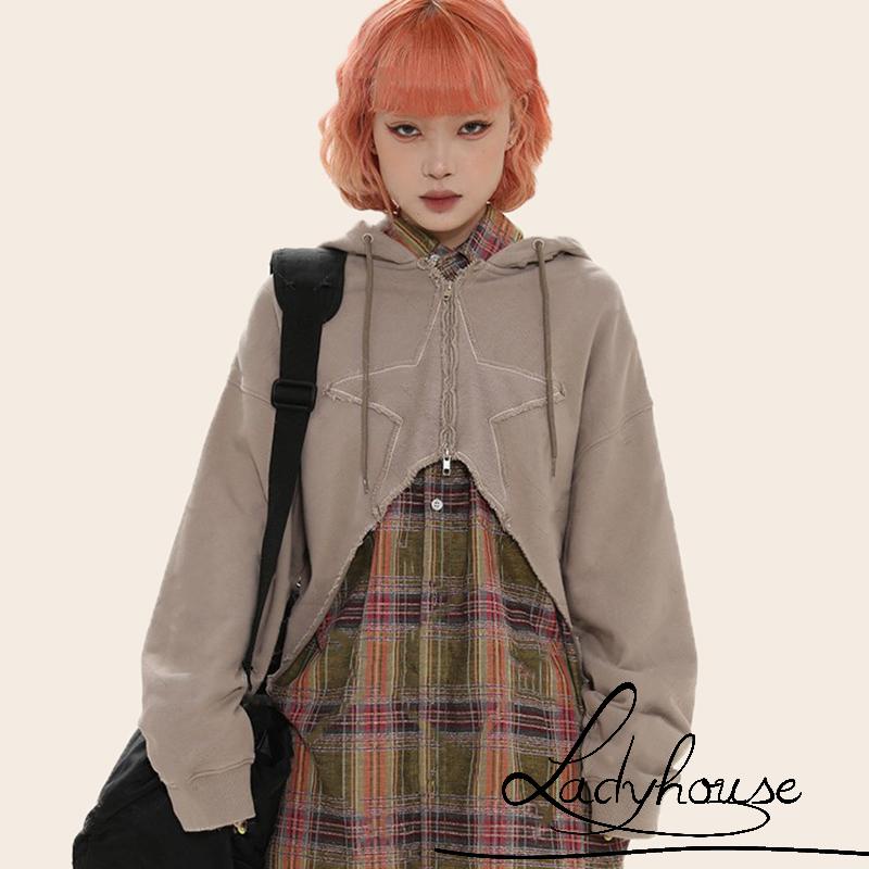 Ldd-áo Khoác Ngoài Có Nón Dây Rút Họa Tiết Ngôi Sao Ghép Nối Viền Kiểu Cách Đơn Giản Cho Nữ