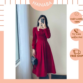 Đầm nữ tiểu thư tay dài xếp ly ngực bigsize màu trắng đỏ đen hanaba