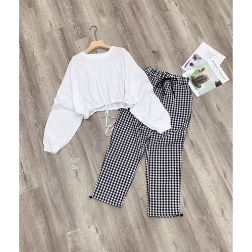Set bộ áo trắng tay dài rút dây bụng  mix quần caro ống túm, set đồ nữ quần bom mặc nhà, dạo phố cá tính, năng động