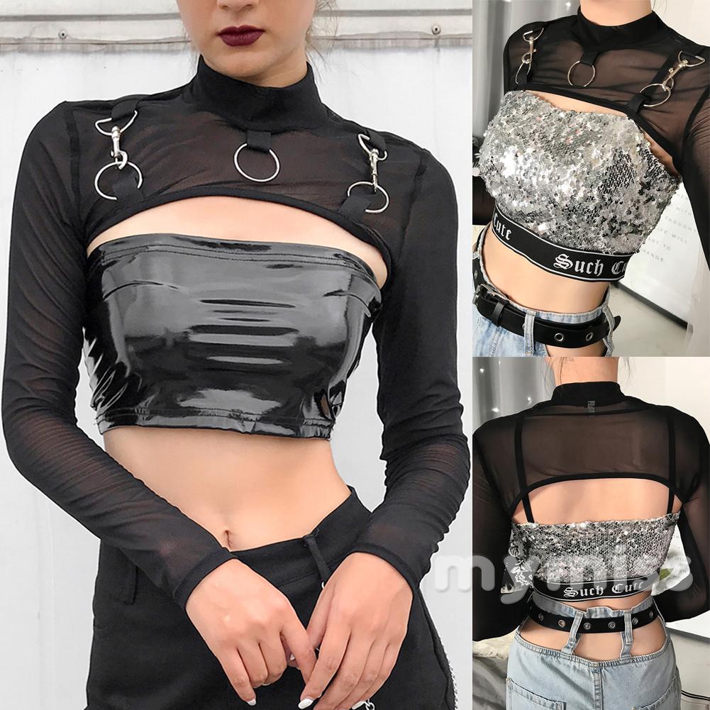 ♛♚♛Áo Croptop Tay Dài Cổ Tròn Xuyên Thấu Thời Trang Xuân Thu Quyến Rũ Cho Nữ