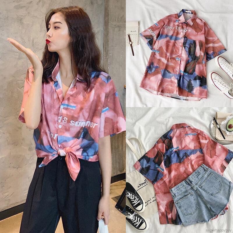 Áo SƠ MI NỮ form rộng in 3D cổ bẻ tay ngắn - lỡ dáng ulzzang freesize unisex mặc cặp, nhóm, hình HOA HỒNG chữ 18 SUMMER