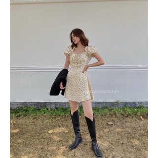 Váy hoa nhí tay bồng xẻ tà sexy phong cách ulzzang có ảnh thật