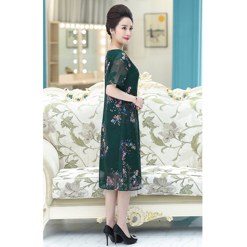 Đầm voan  trung niên cao cấp cho mẹ cho bà , hoa đào