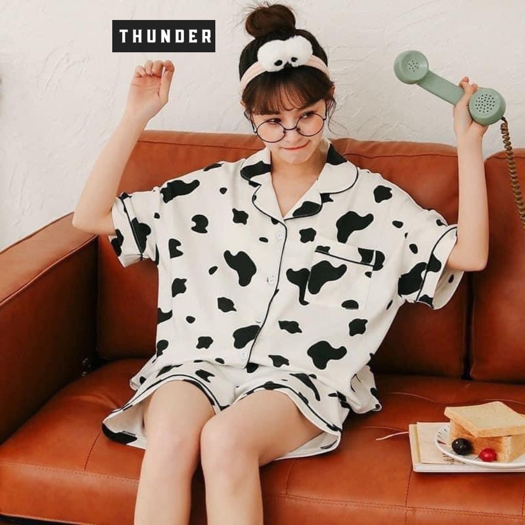 Đồ ngủ nữ cotton thun cộc tay Thunder Unisex đồ bộ nữ cộc tay bộ mặc nhà dễ thương họa tiết bò sữa cực xinh