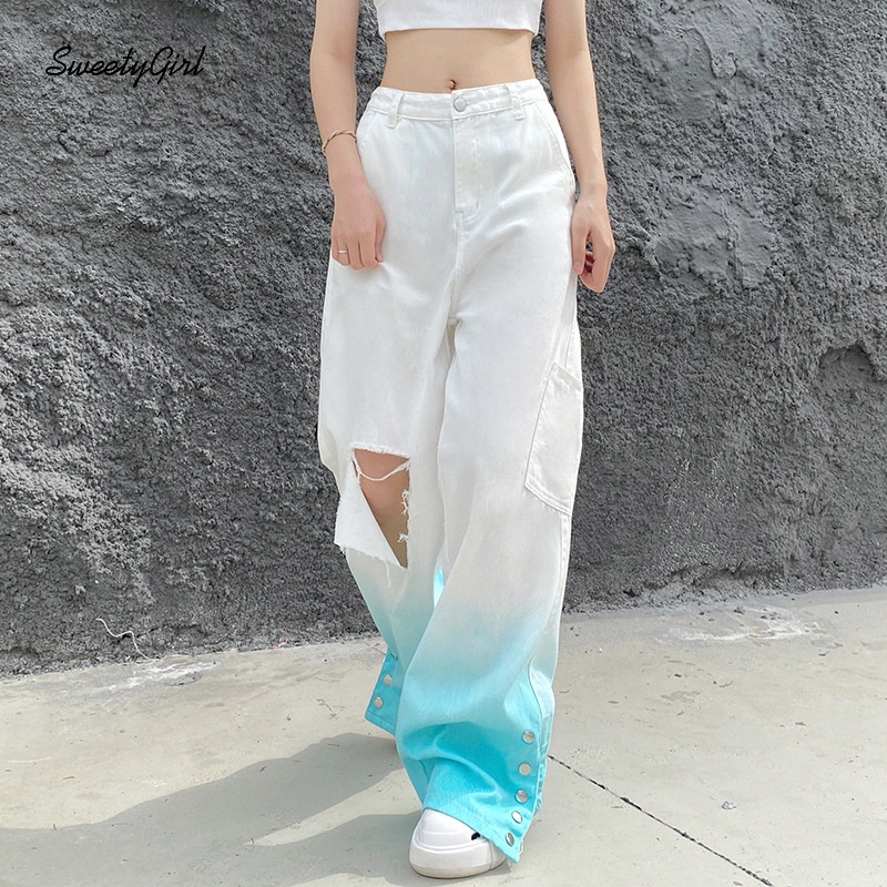 Quần Jean Dài Lưng Thấp Dáng Rộng Phối Nút Màu Gradient Thời Trang 2022 Cho Nữ