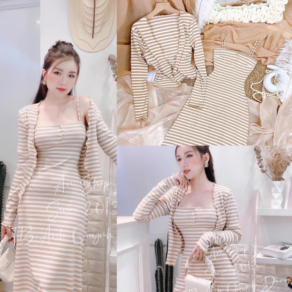 Set Đầm Body Kèm Áo khoác Sọc ngang