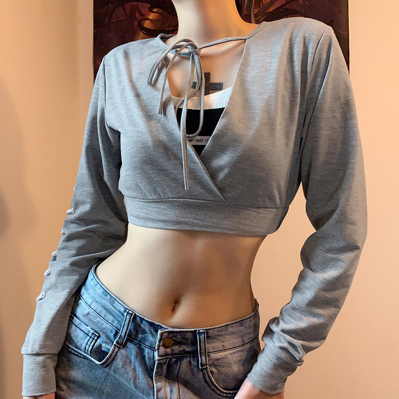MODOU New Design Women Sexy Strap V-neck Long Sleeve Hoodie Crop Top | BigBuy360 - bigbuy360.vn