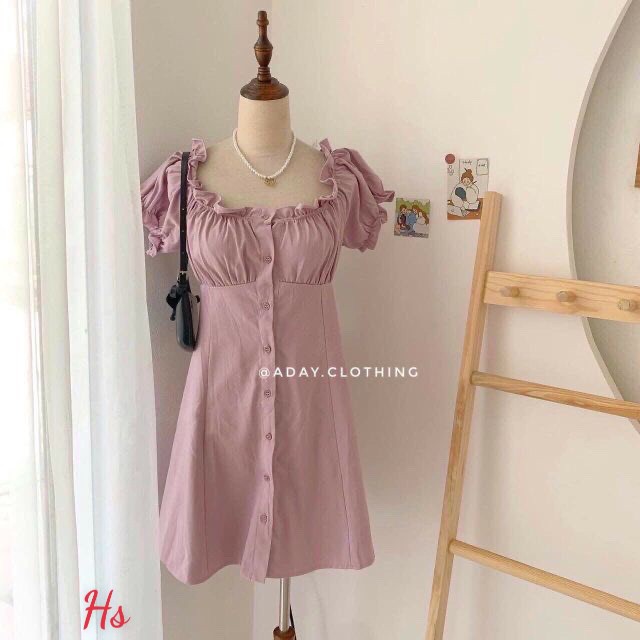 Đầm Bèo Nữ Trễ Vai Chất Đũi 🦋 Váy Babydoll Nữ Trơn Cúc Cài 4 Màu 🦋 | BigBuy360 - bigbuy360.vn