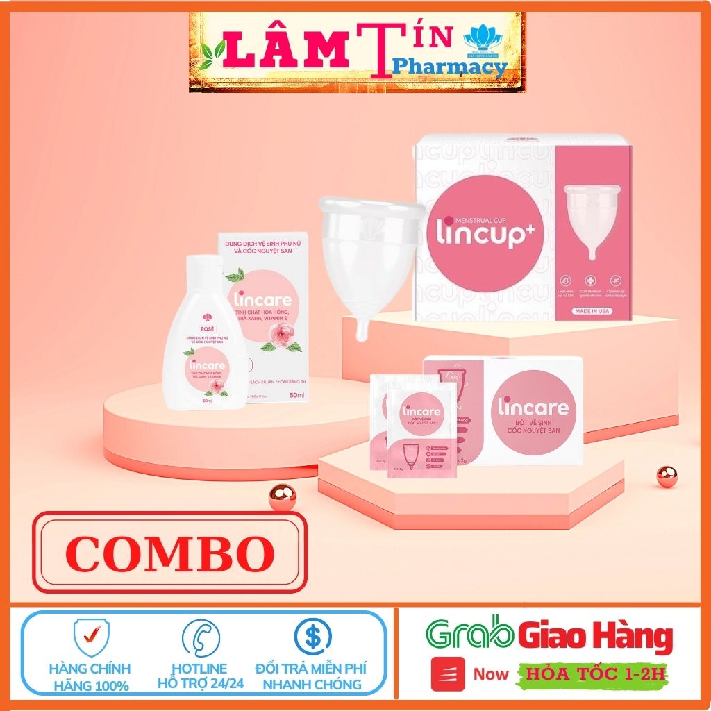 Lincup - Cobom 3 món Cốc Nguyệt San - Dung Dịch Vệ Sinh - Bột Khử Khuẩn Cốc Nguyệt San Chính Hãng.