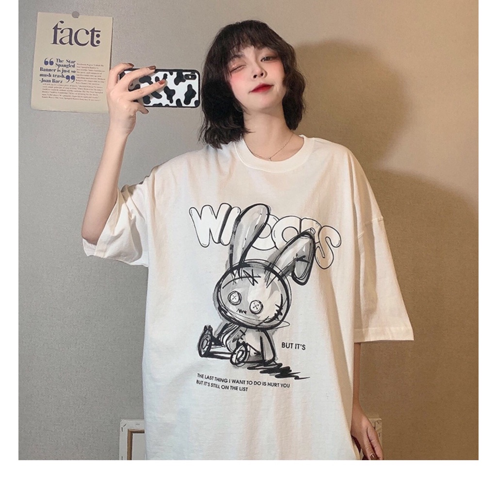 Áo thun đen trắng unisex nam nữ form rộng tay lỡ con thỏ đẹp vải dày mịn
